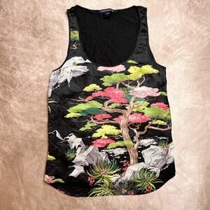 French Connection Silk Mountain Side Tree Painting Tank Top Sleeveless Boho Euro